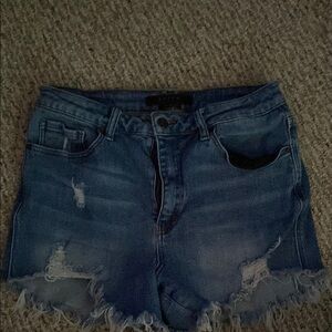 Blue Distressed Jean Shorts with Frayed Hem